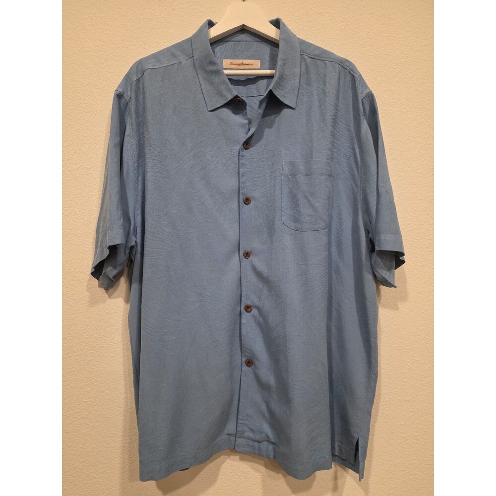 Tommy Bahama Silk Linen Mens Shirt XL Blue Hawaiian Floral Short Sleeve